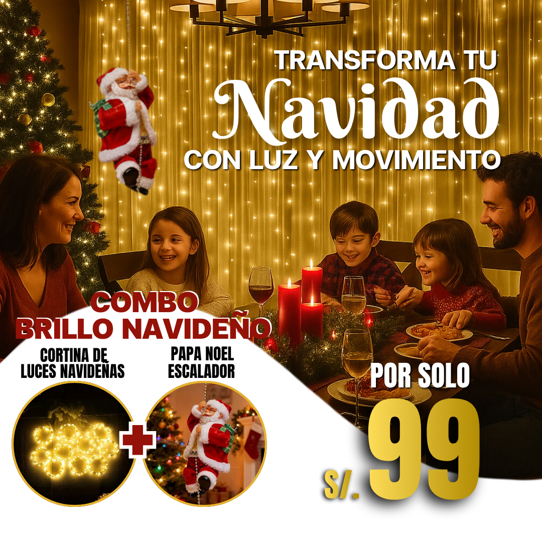 COMBO NAVIDEÑO "Cortina luz LED + Papá Noel ESCALADOR"