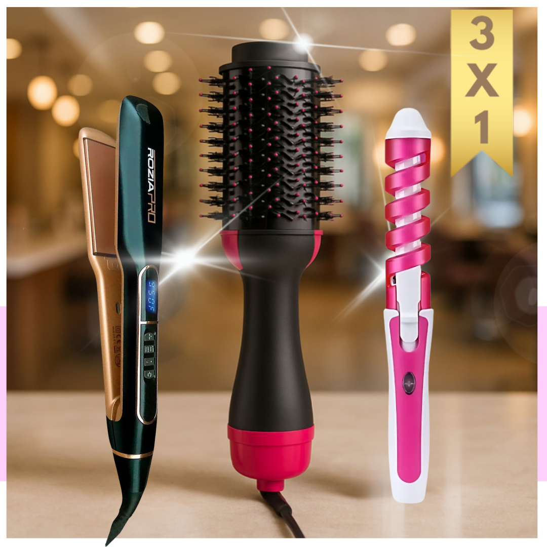 COMBO GLAM TOTAL: PLANCHA ROZIA PRO + CEPILLO SECADOR + RIZADOR DE ESPIRAL