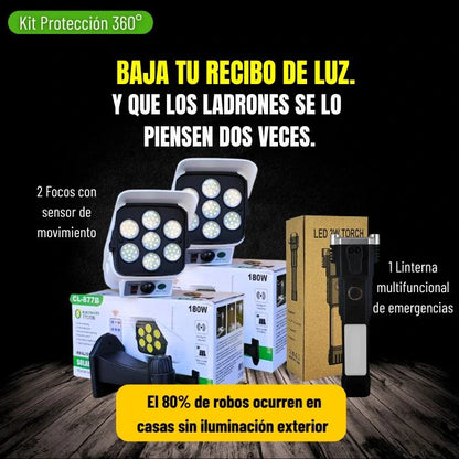 ** KIT PROTECCIÓN 360 **   2 FOCOS SOLARES + 1 LINTERNA DE EMERGENCIA